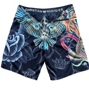 Y2K Ed Hardy Christian Audigier Winged Skull Tattoo Board Shorts Men’s 38 Gold